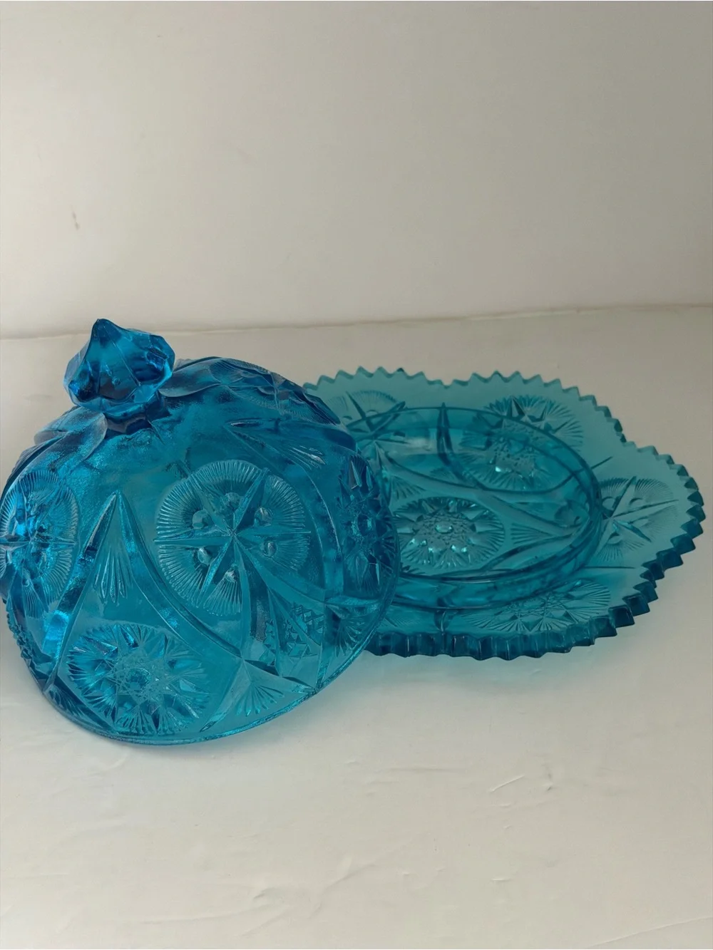 Bright Blue Pressed Glass Covered Cheese Dish